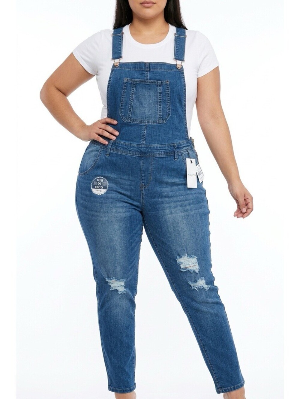 Wallflower New Womens XL Blue Denim Bib Overalls Insta Stretch Ripped Knees Zip